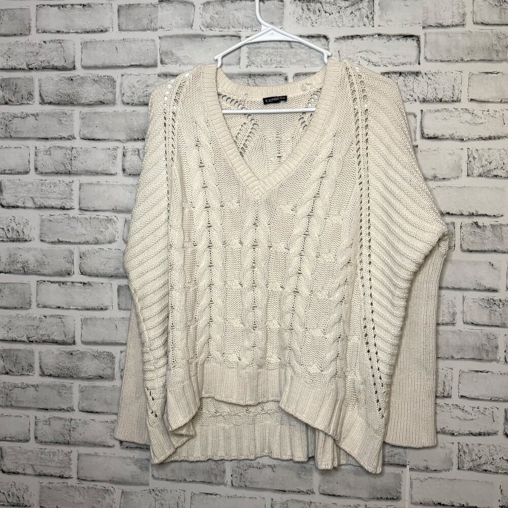 Express White Cable Knit V Neck Sweater Long Sleeve Women Size Small